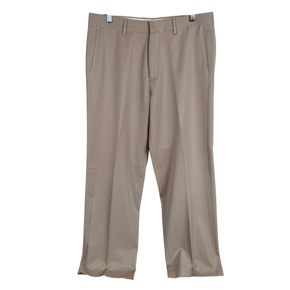Eddie Bauer Dress Pants Mens 33x31 Tan 100% Wool Classic‎ Fit Flat Front